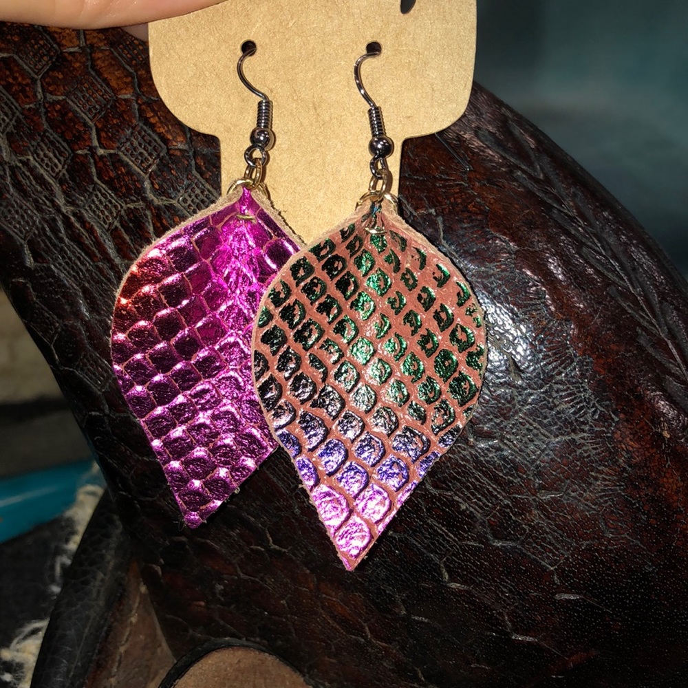 Rainbow scales leather earrings